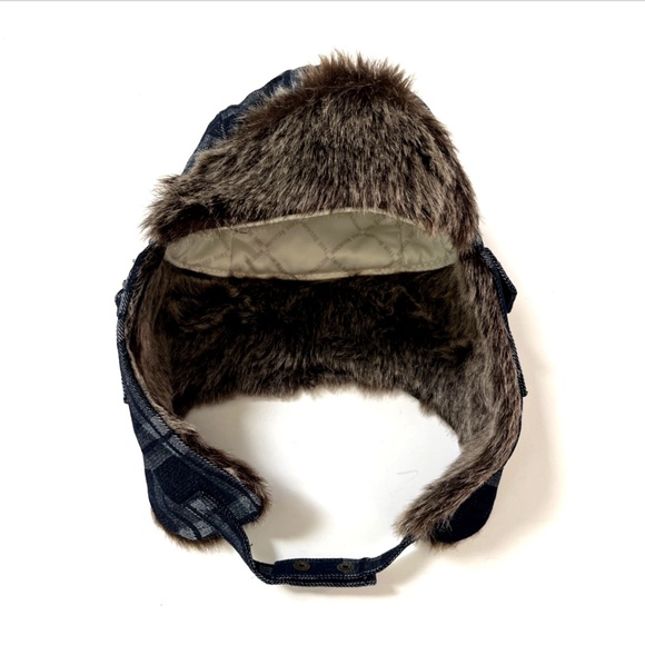 NWT True Religion Denim Faux Fur Trapper Aviator Hat Blue Plaid Logo Pocket - Picture 3 of 6